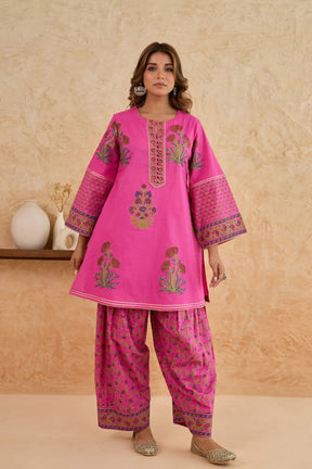 Rani Pink Floral Block Print Farsi Salwar Co-ord Set - Tara-C-Tara