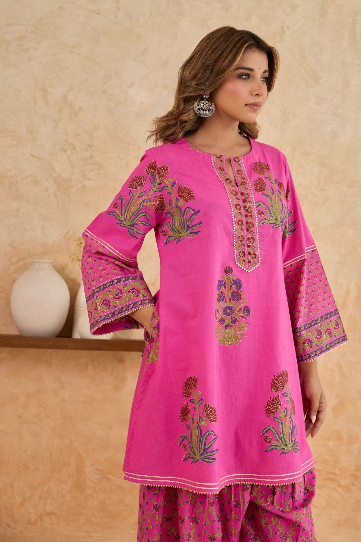 Rani Pink Floral Block Print Farsi Salwar Co-ord Set - Tara-C-Tara