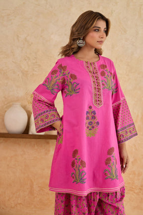 Rani Pink Floral Block Print Farsi Salwar Co-ord Set - Tara-C-Tara