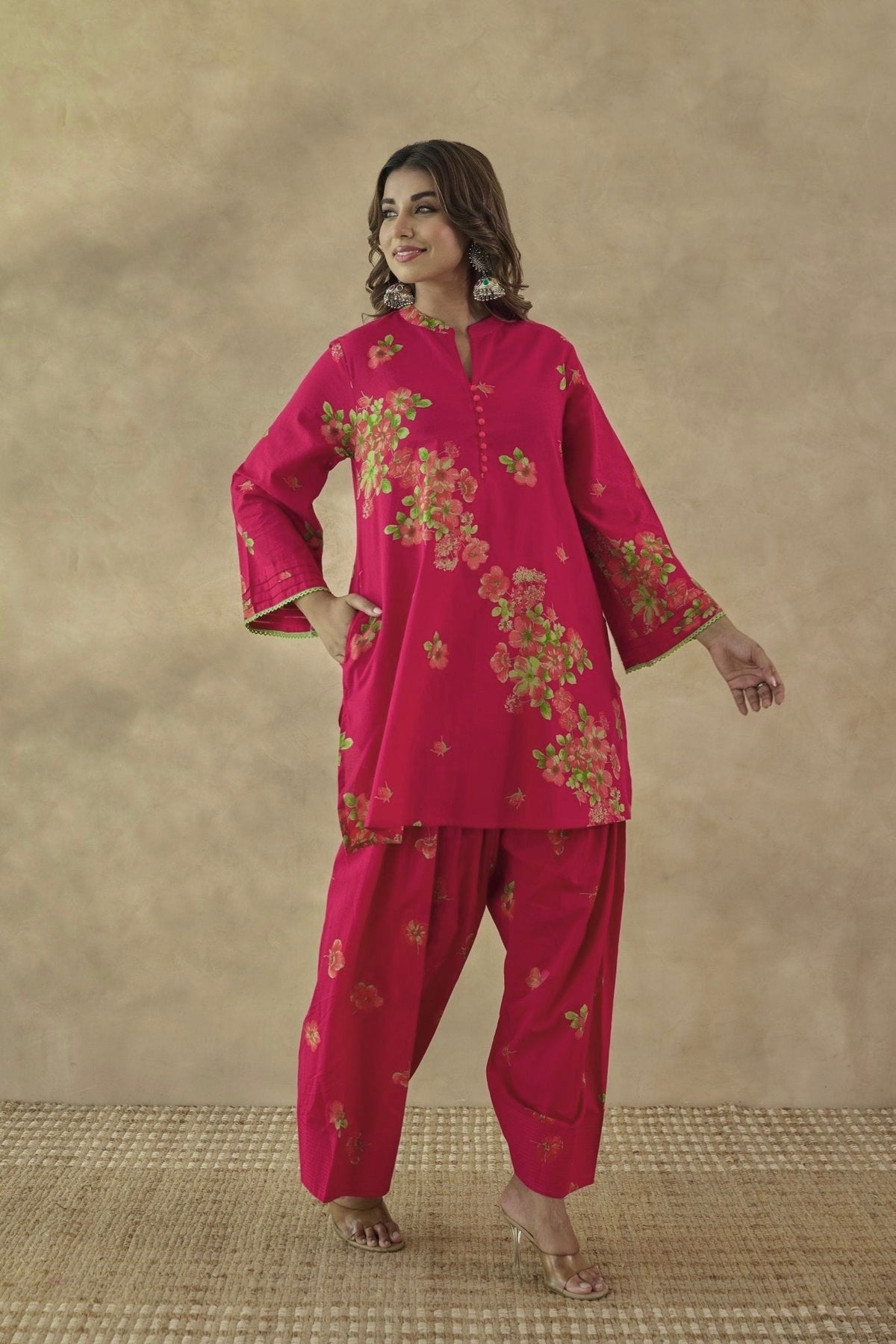 Rani Pink Floral Farshi Salwar Coord Set - Tara - C - Tara