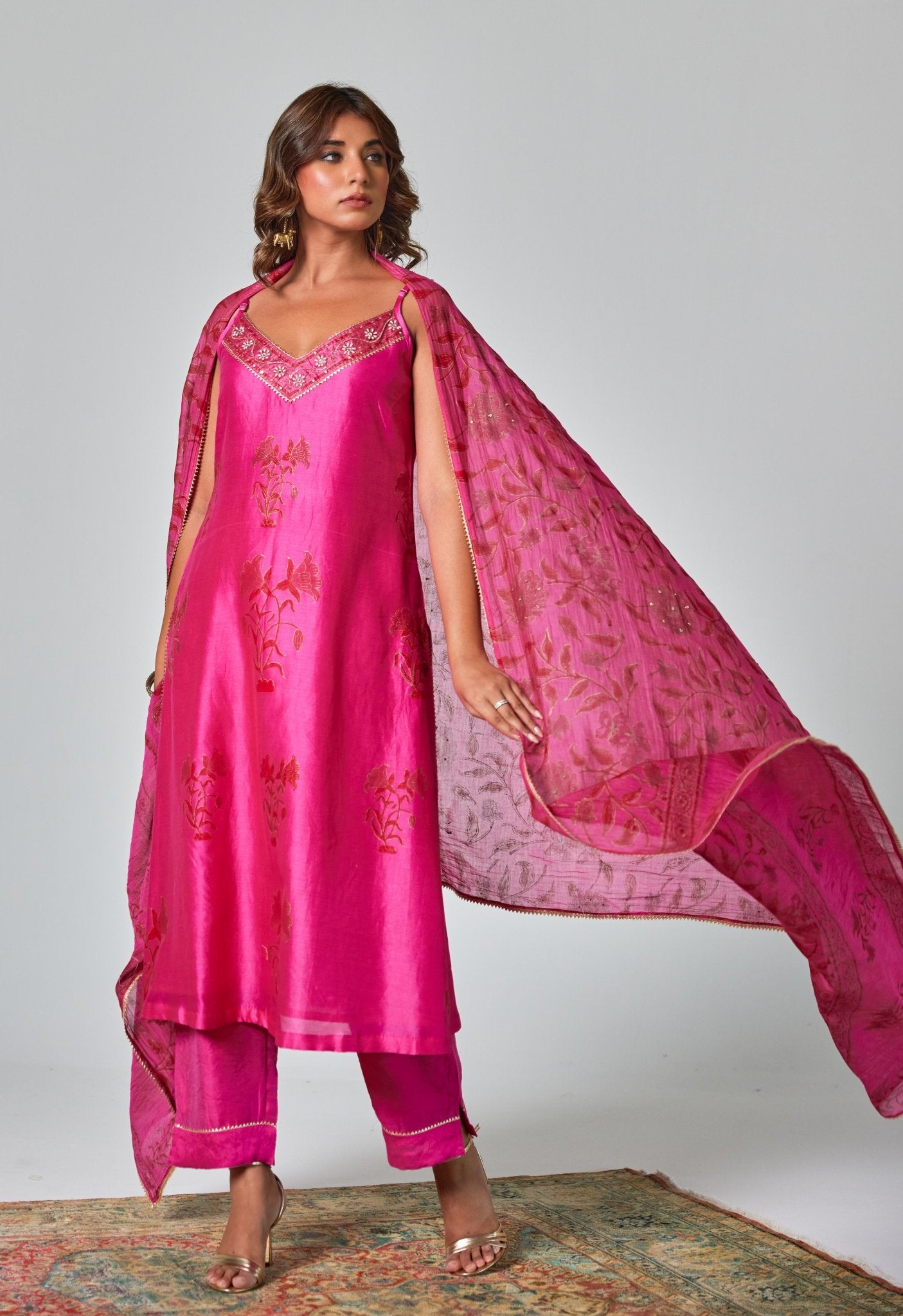 Rani Pink Handblock Printed Chanderi Suit Set - Tara - C - Tara