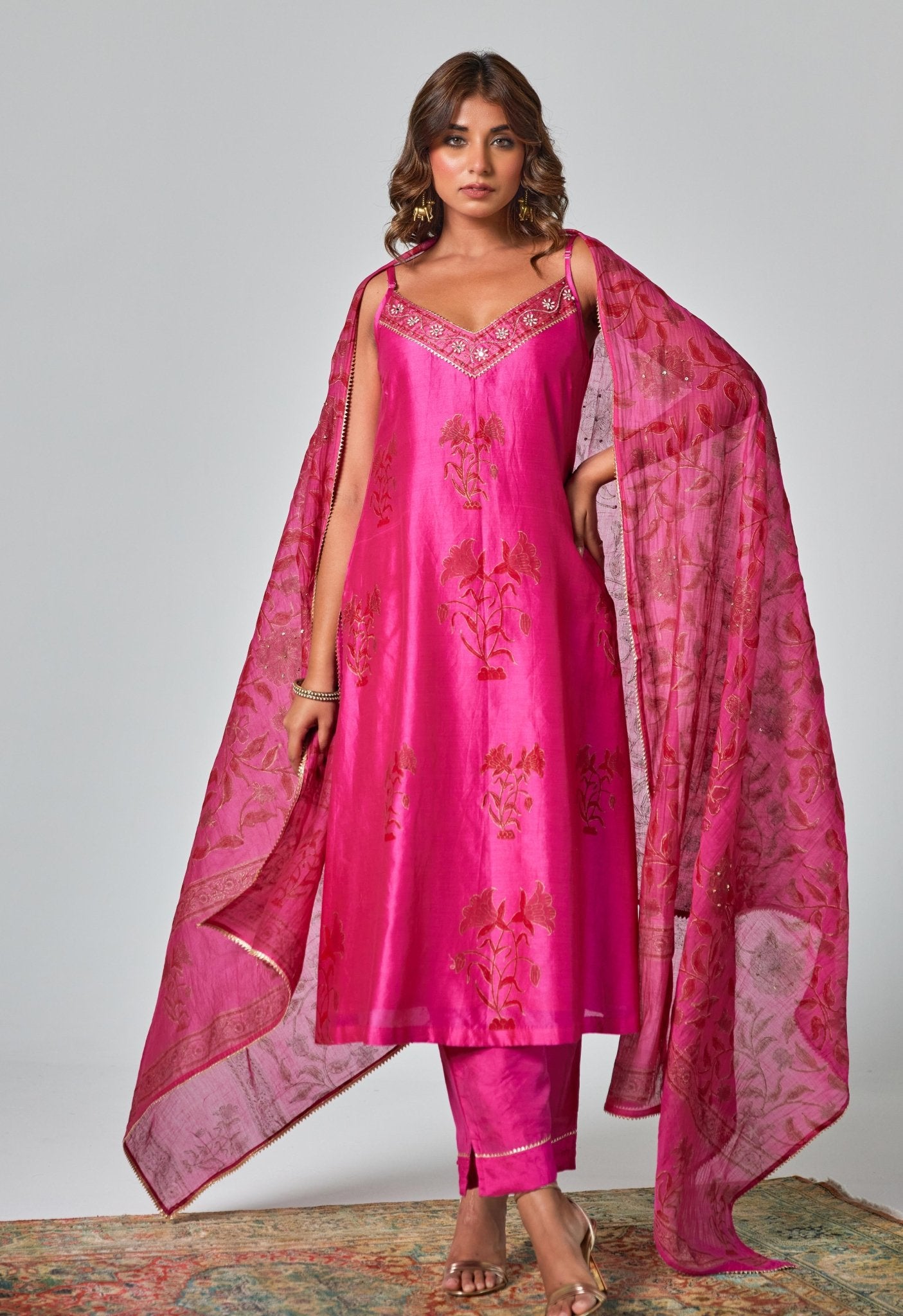 Rani Pink Handblock Printed Chanderi Suit Set - Tara - C - Tara