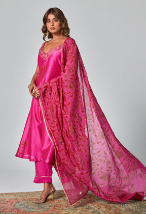 Rani Pink Handblock Printed Chanderi Suit Set - Tara - C - Tara