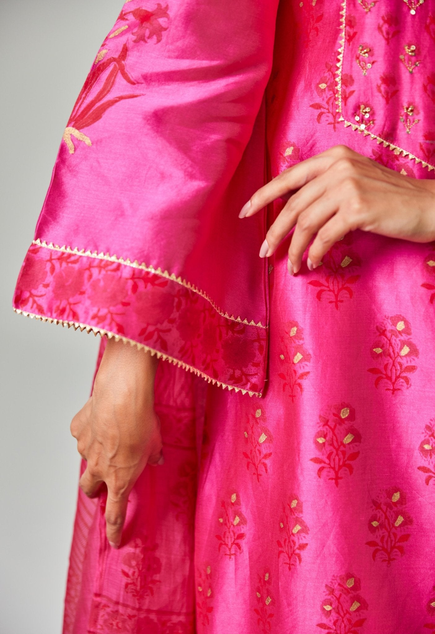 Rani Pink Radiance: Handblock Floral Elegance Chanderi Suit Set - Tara - C - Tara