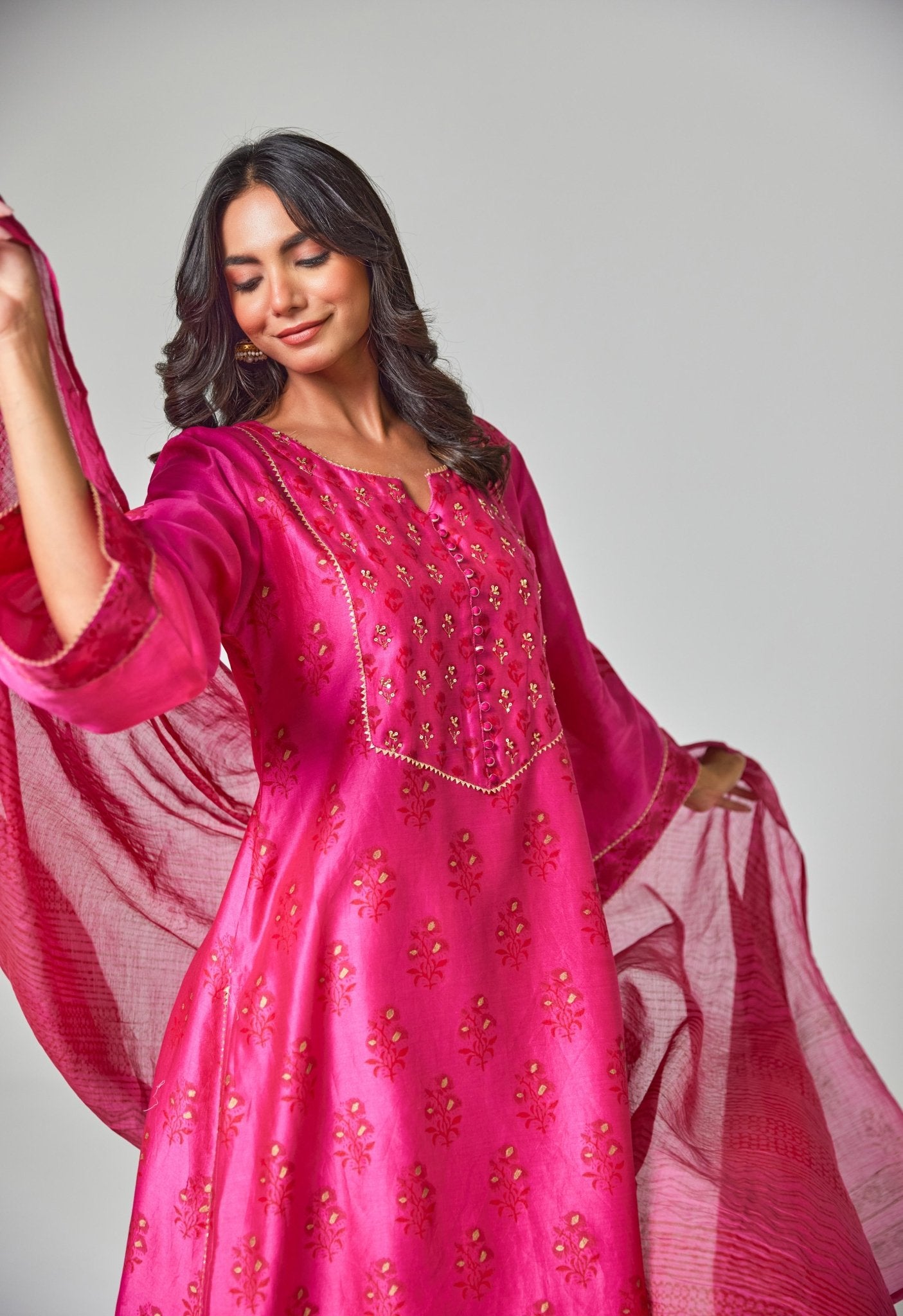 Rani Pink Radiance: Handblock Floral Elegance Chanderi Suit Set - Tara - C - Tara