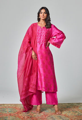 Rani Pink Radiance: Handblock Floral Elegance Chanderi Suit Set - Tara - C - Tara