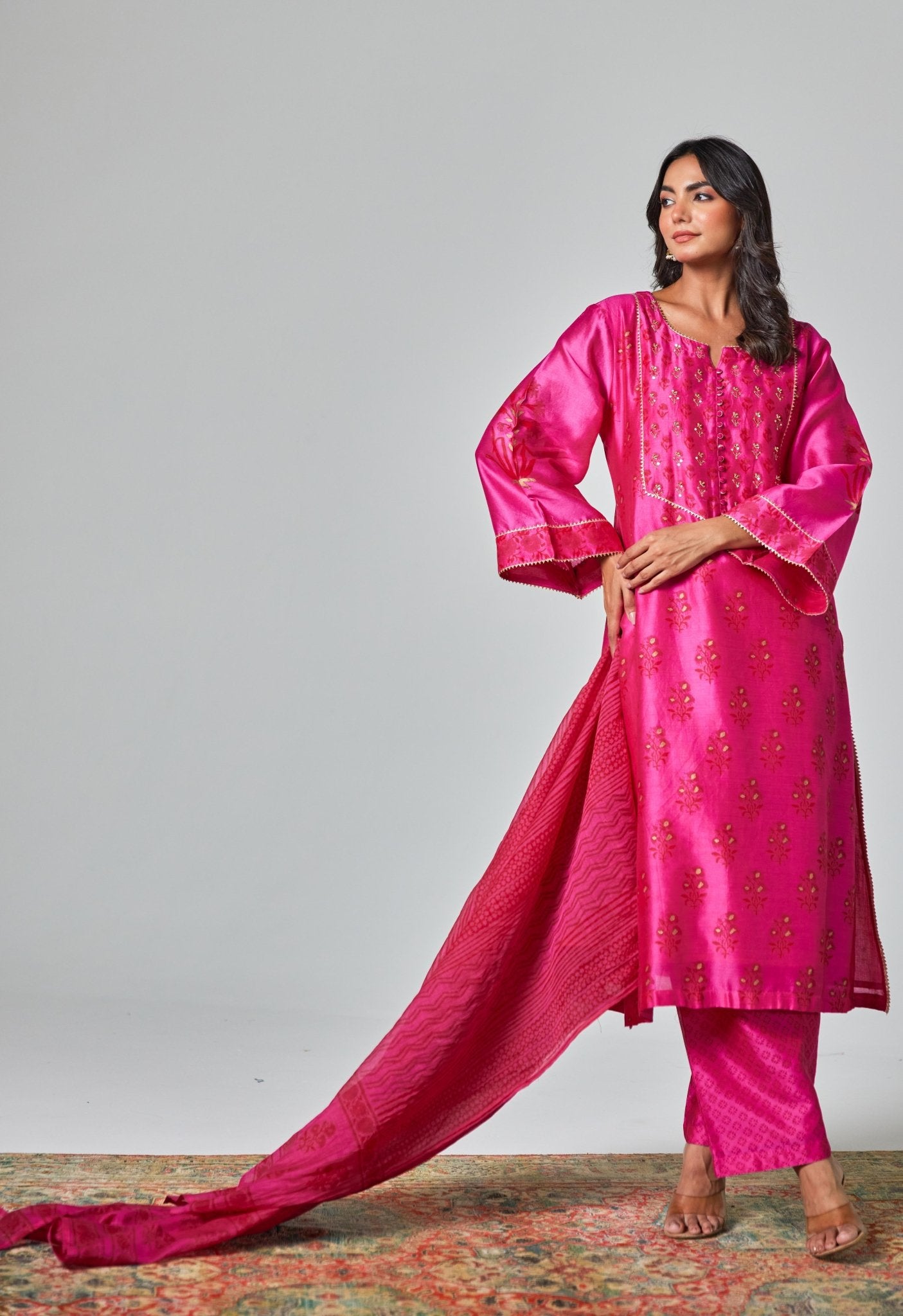 Rani Pink Radiance: Handblock Floral Elegance Chanderi Suit Set - Tara - C - Tara