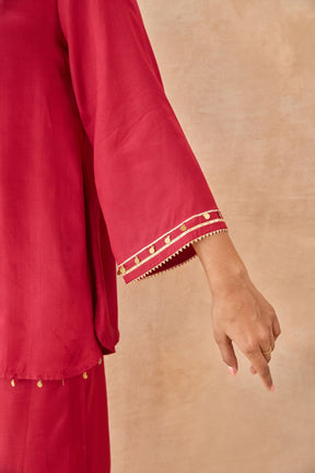 Red Coin-Tassel Embroidered Co-ord Set - Tara-C-Tara