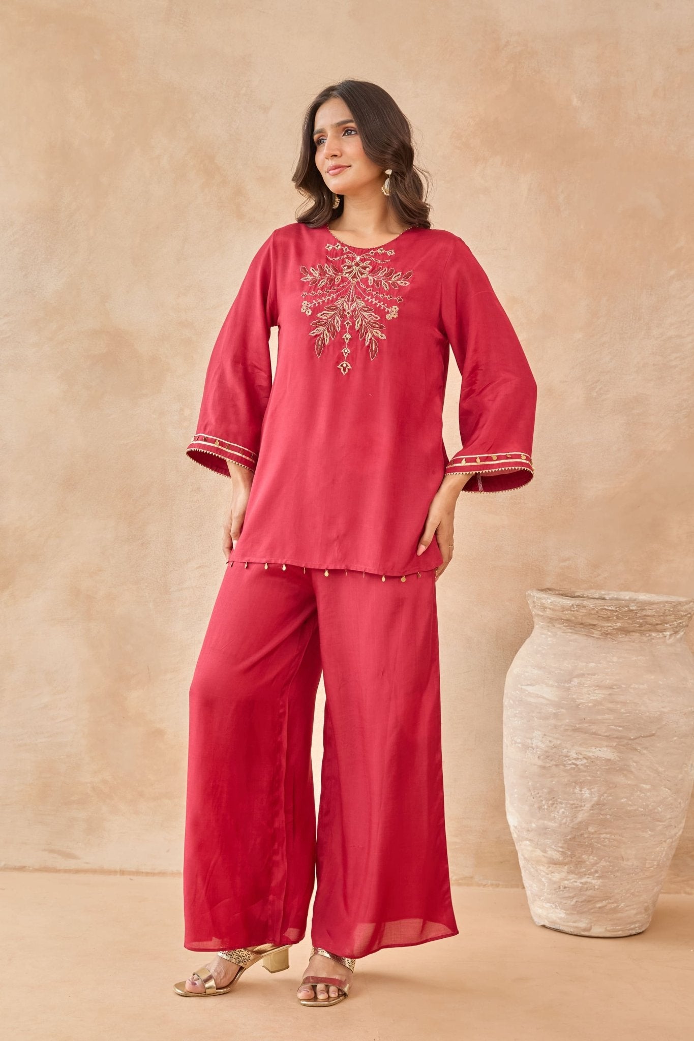 Red Coin-Tassel Embroidered Co-ord Set - Tara-C-Tara