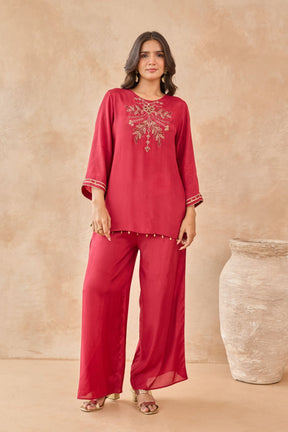 Red Coin-Tassel Embroidered Co-ord Set - Tara-C-Tara