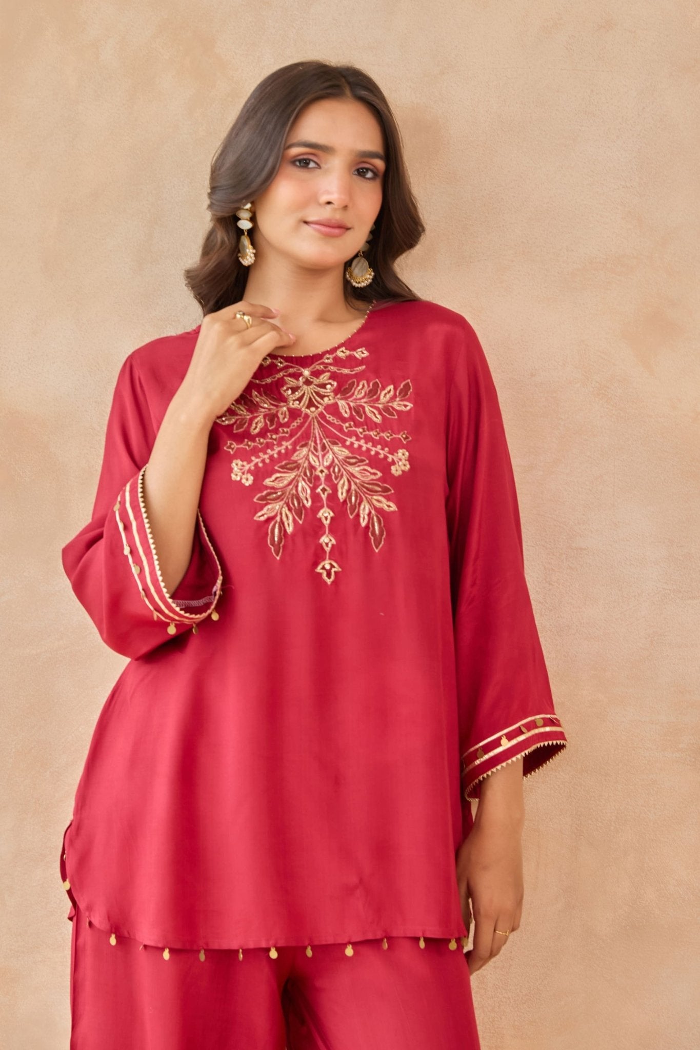 Red Coin-Tassel Embroidered Co-ord Set - Tara-C-Tara
