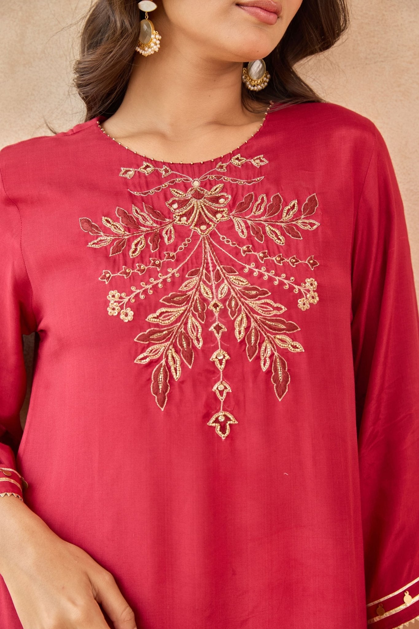 Red Coin-Tassel Embroidered Co-ord Set - Tara-C-Tara