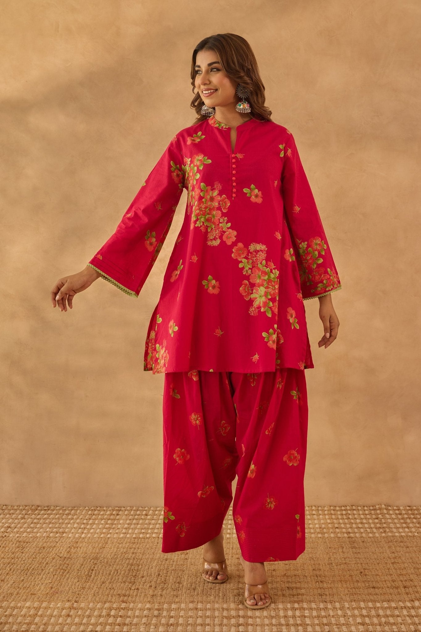 Red Floral Farshi Salwar Coord Set - Tara - C - Tara