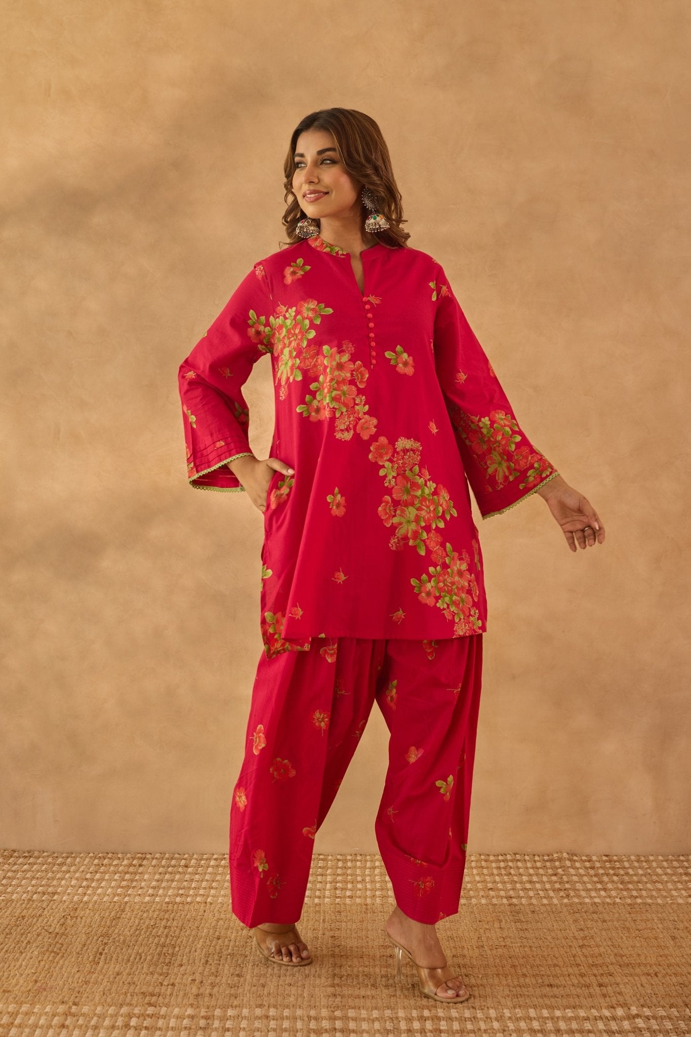 Red Floral Farshi Salwar Coord Set - Tara - C - Tara