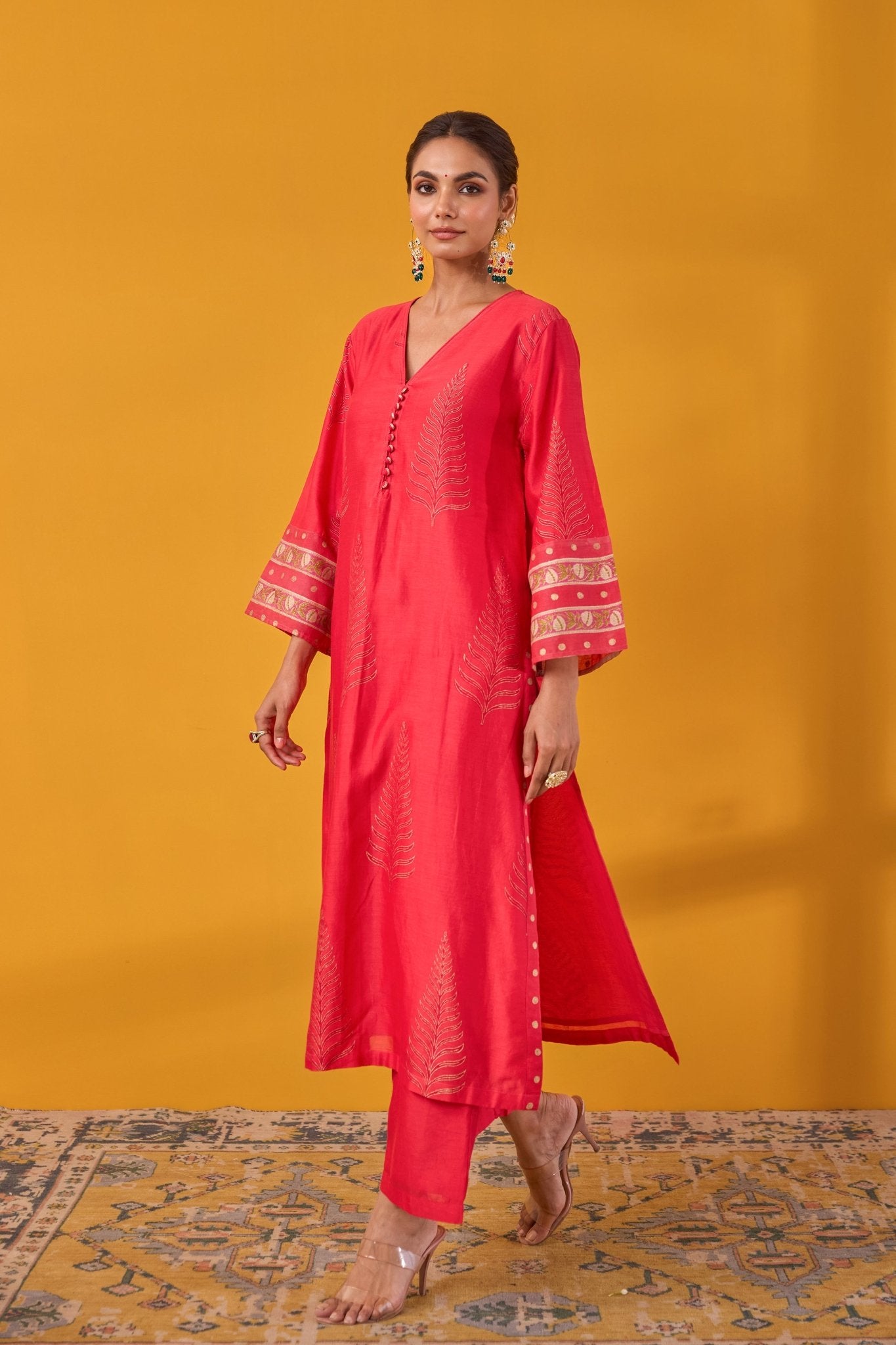 Red Hand Block Printed Chanderi Kurta Set With Dupatta - Tara - C - Tara