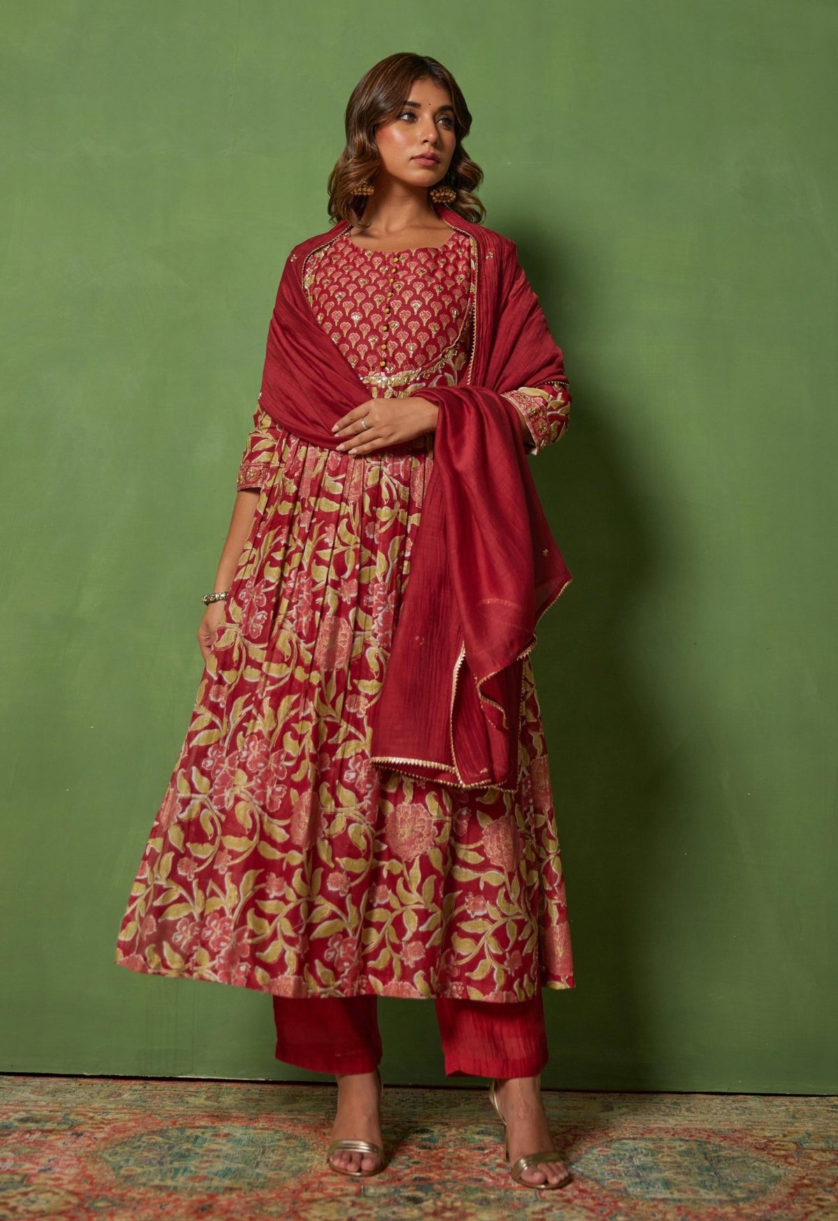 Red Majesty: Hand - Cut Dana Work Suit Set with Lace - Up Dupatta - Tara - C - Tara