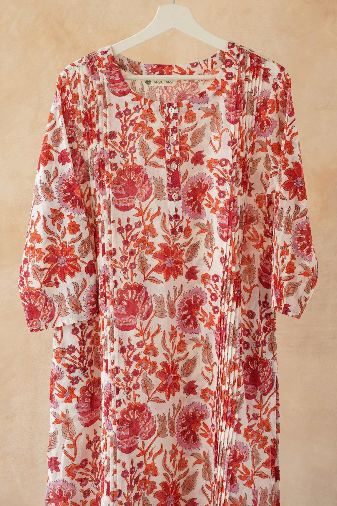 Red & Orange Floral Hand Block Print Pintuck Kurta - Tara - C - Tara