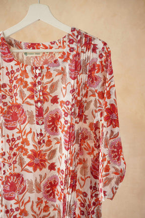 Red & Orange Floral Hand Block Print Pintuck Kurta - Tara - C - Tara