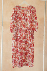 Red & Orange Floral Hand Block Print Pintuck Kurta - Tara - C - Tara