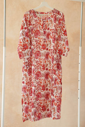 Red & Orange Floral Hand Block Print Pintuck Kurta - Tara - C - Tara