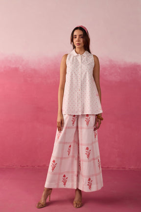 Red Polka Dot & Floral Check Sleeveless Hand Block Printed Co-ord Set - Tara-C-Tara