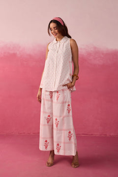 Red Polka Dot & Floral Check Sleeveless Hand Block Printed Co-ord Set