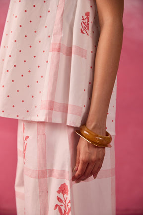 Red Polka Dot & Floral Check Sleeveless Hand Block Printed Co-ord Set - Tara-C-Tara