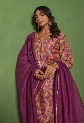 Regal Radiance: Purple Suit Set with Hand - Cut Dana Work and Lace - Up Dupatta - Tara - C - Tara