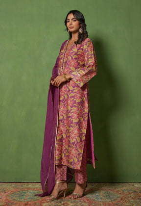 Regal Radiance: Purple Suit Set with Hand - Cut Dana Work and Lace - Up Dupatta - Tara - C - Tara