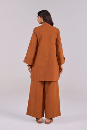 Rust Brown Checks Shirt Pleated Cotton Co-ord Set - Tara-C-Tara