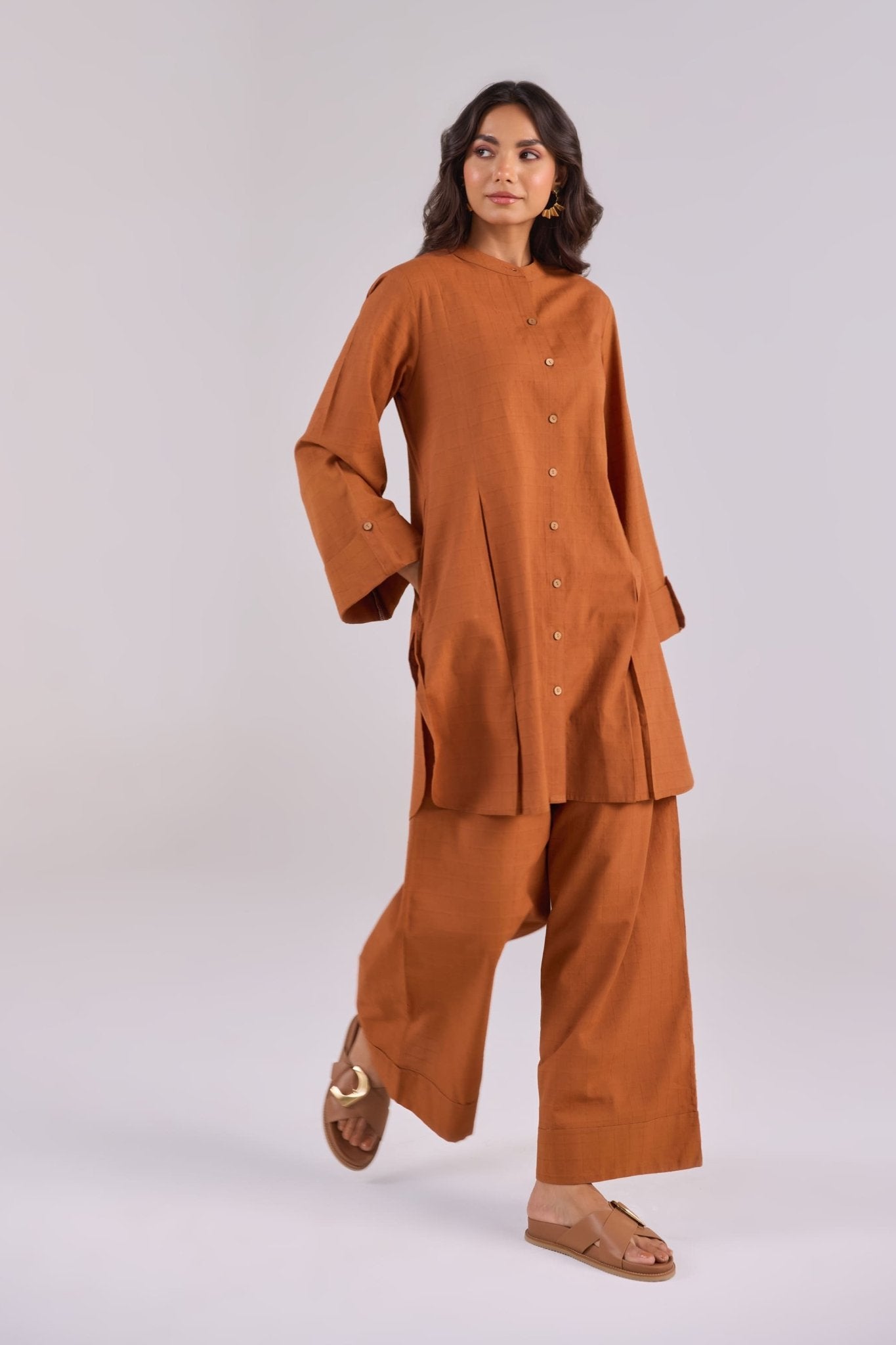 Rust Brown Checks Shirt Pleated Cotton Co-ord Set - Tara-C-Tara