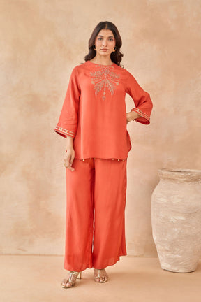Rust Coin-Tassel Embroidered Co-ord Set - Tara-C-Tara