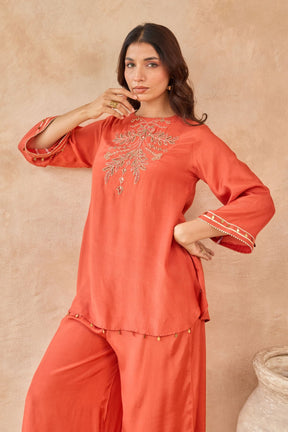 Rust Coin-Tassel Embroidered Co-ord Set - Tara-C-Tara
