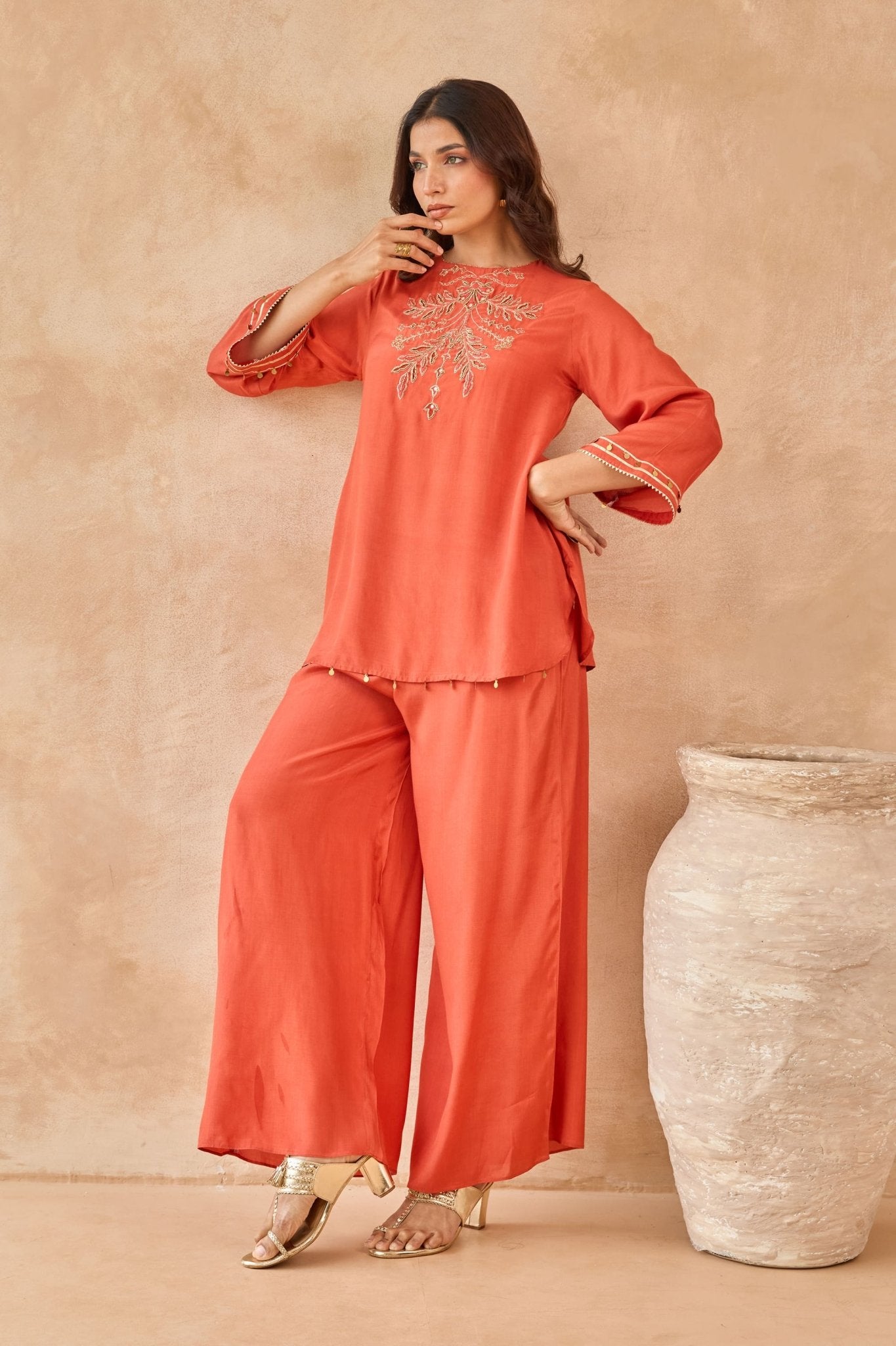Rust Coin-Tassel Embroidered Co-ord Set - Tara-C-Tara