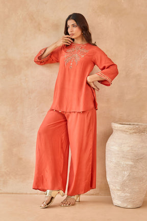 Rust Coin-Tassel Embroidered Co-ord Set - Tara-C-Tara