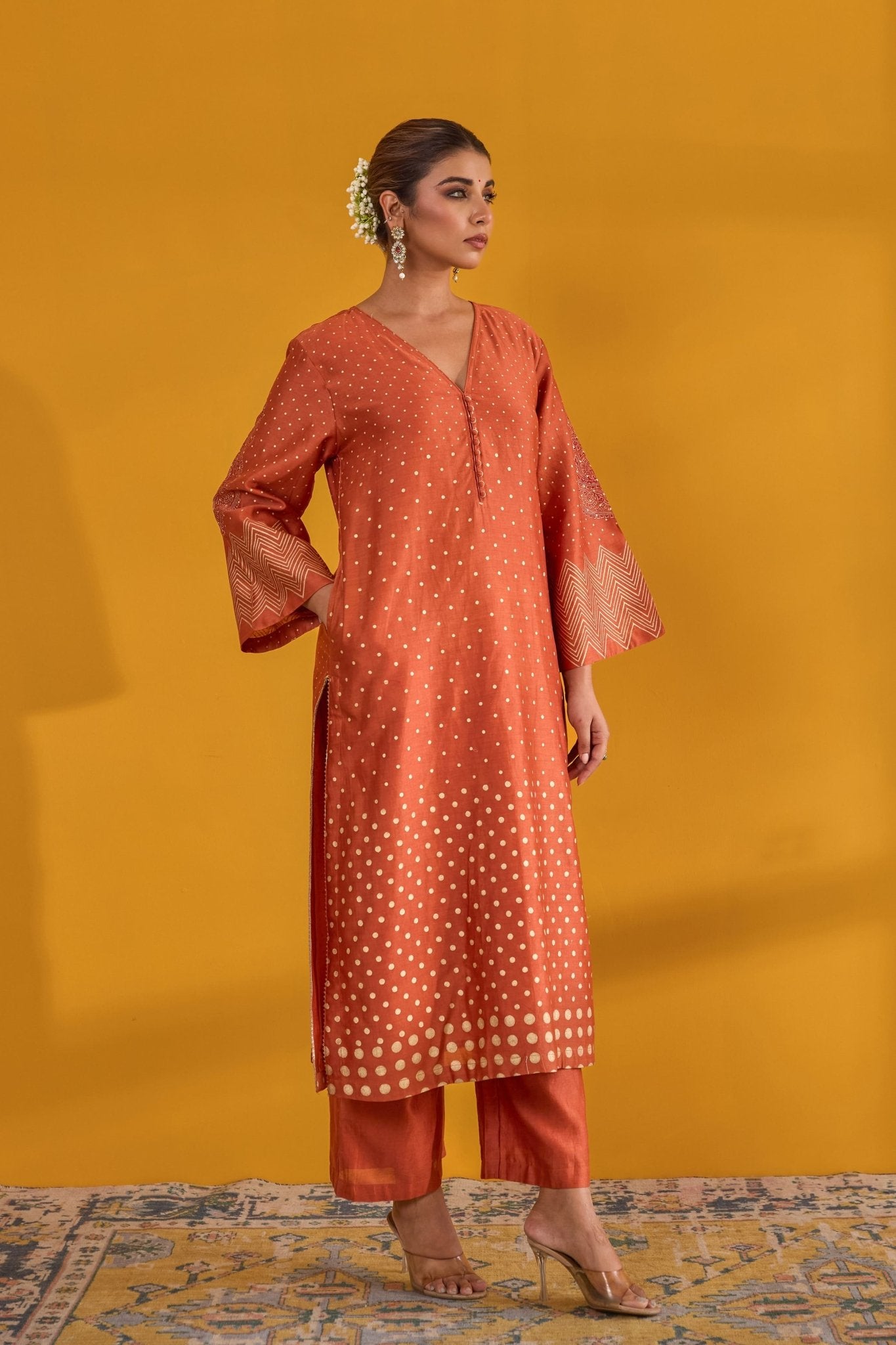 Rust Hand Block Printed Chanderi Kurta Set With Dupatta - Tara - C - Tara