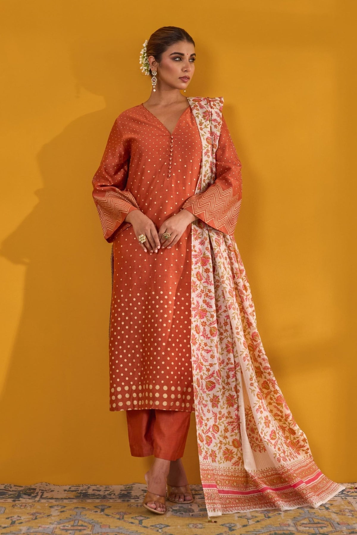 Rust Hand Block Printed Chanderi Kurta Set With Dupatta - Tara - C - Tara