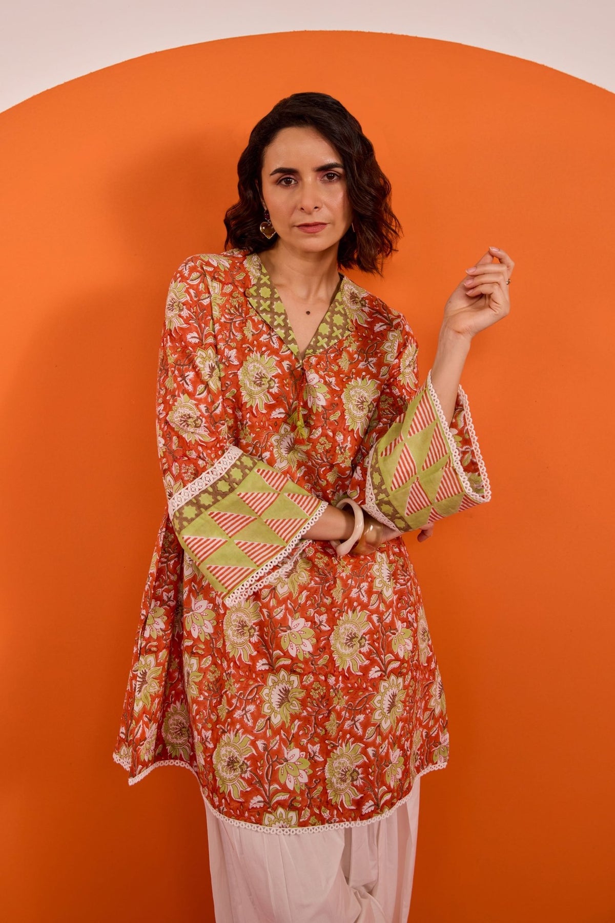 Rust Orange Floral Hand Block Printed Co-ord Set - Tara-C-Tara