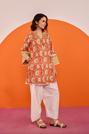 Rust Orange Floral Hand Block Printed Co-ord Set - Tara-C-Tara