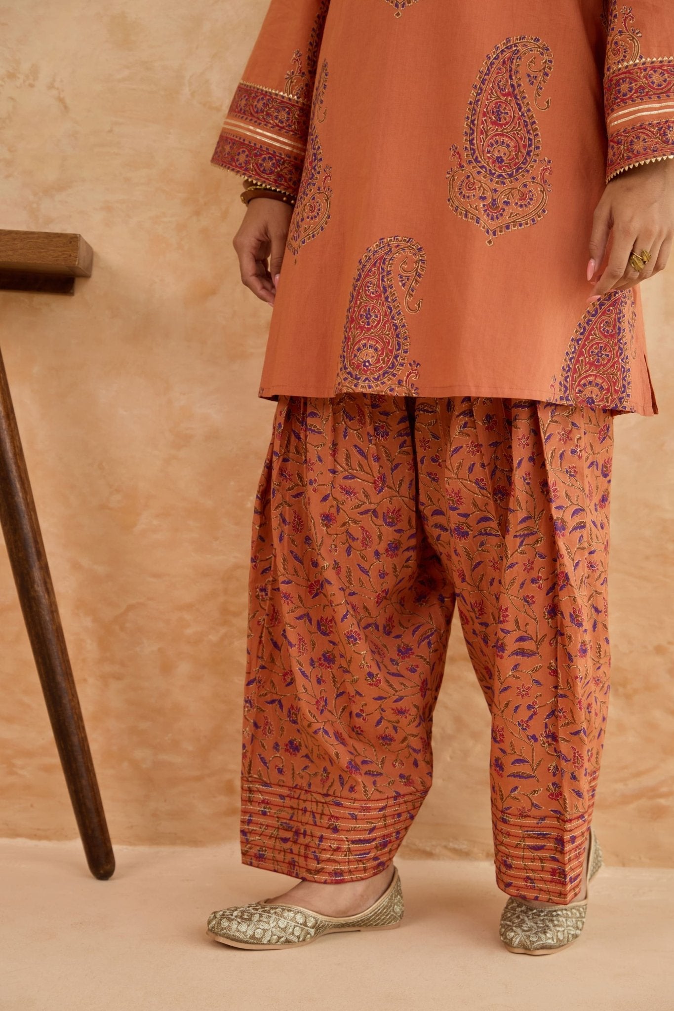 Rust Paisley Print Cotton Farsi Salwar Co-ord Set - Tara-C-Tara