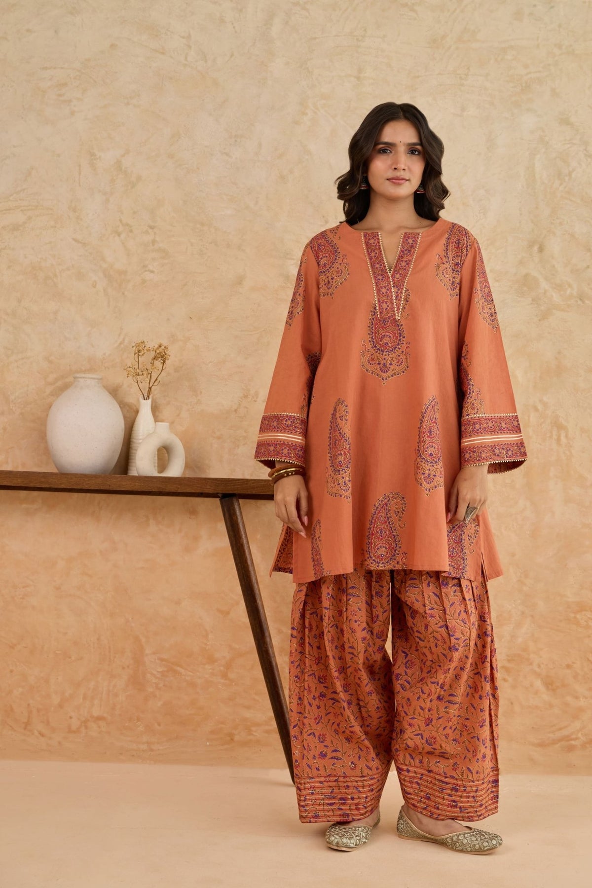 Rust Paisley Print Cotton Farsi Salwar Co-ord Set - Tara-C-Tara