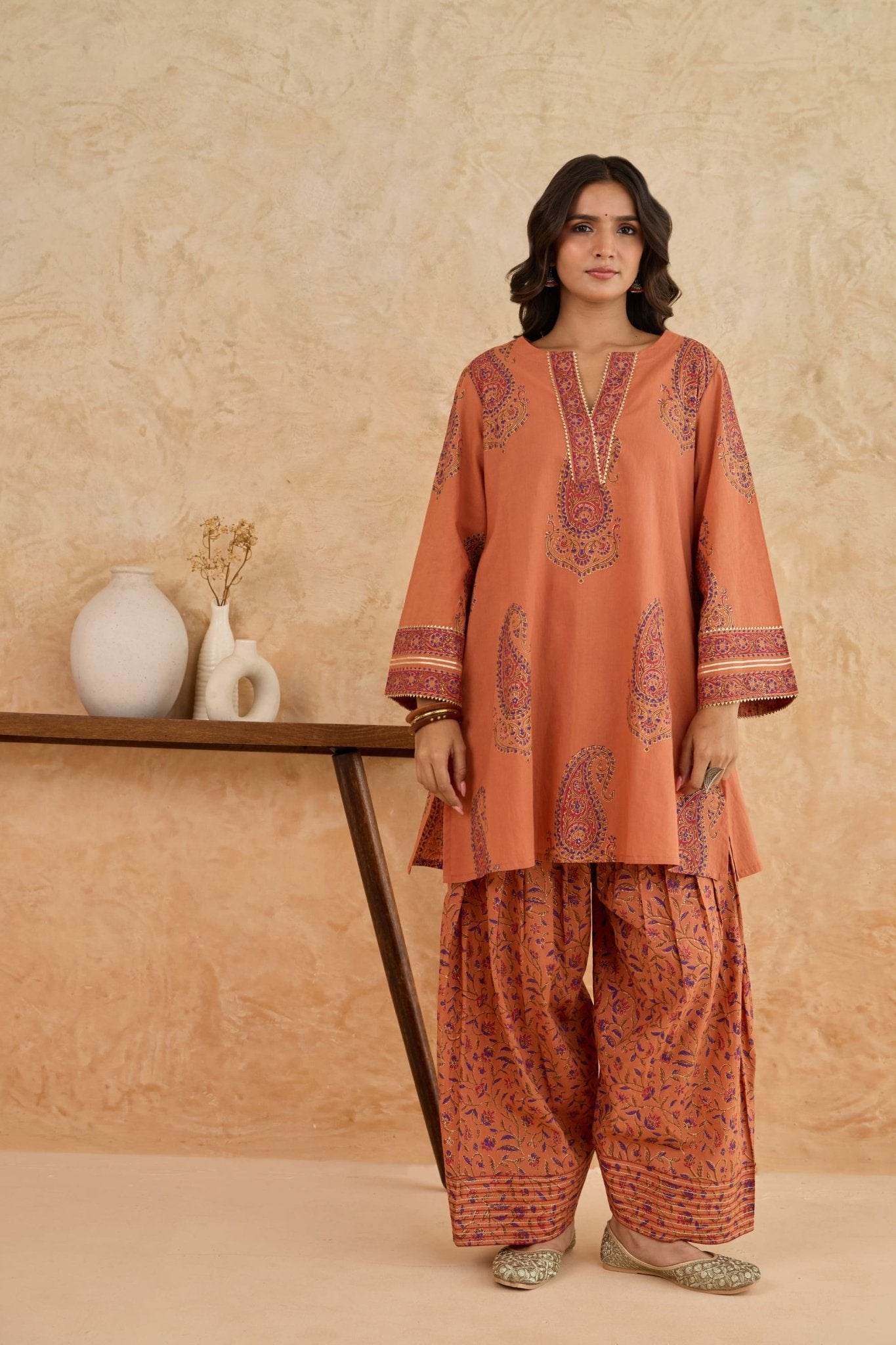 Rust Paisley Print Cotton Farsi Salwar Co-ord Set - Tara-C-Tara