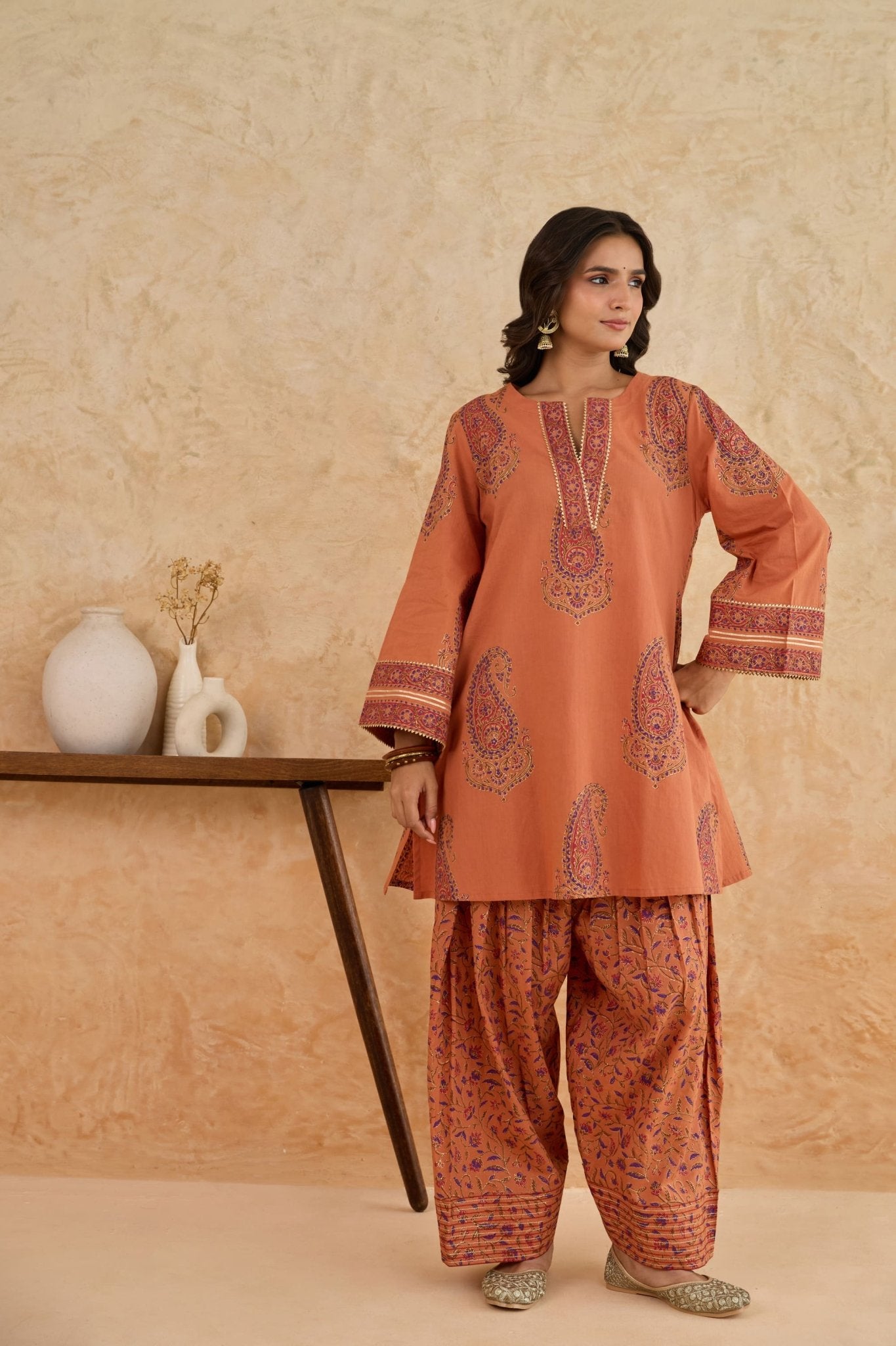 Rust Paisley Print Cotton Farsi Salwar Co-ord Set - Tara-C-Tara