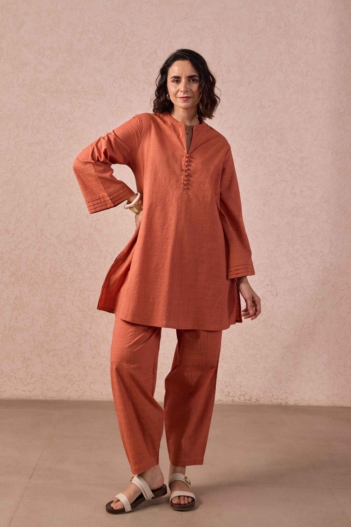 Rust Solid Checks Cotton Coord Set - Tara - C - Tara