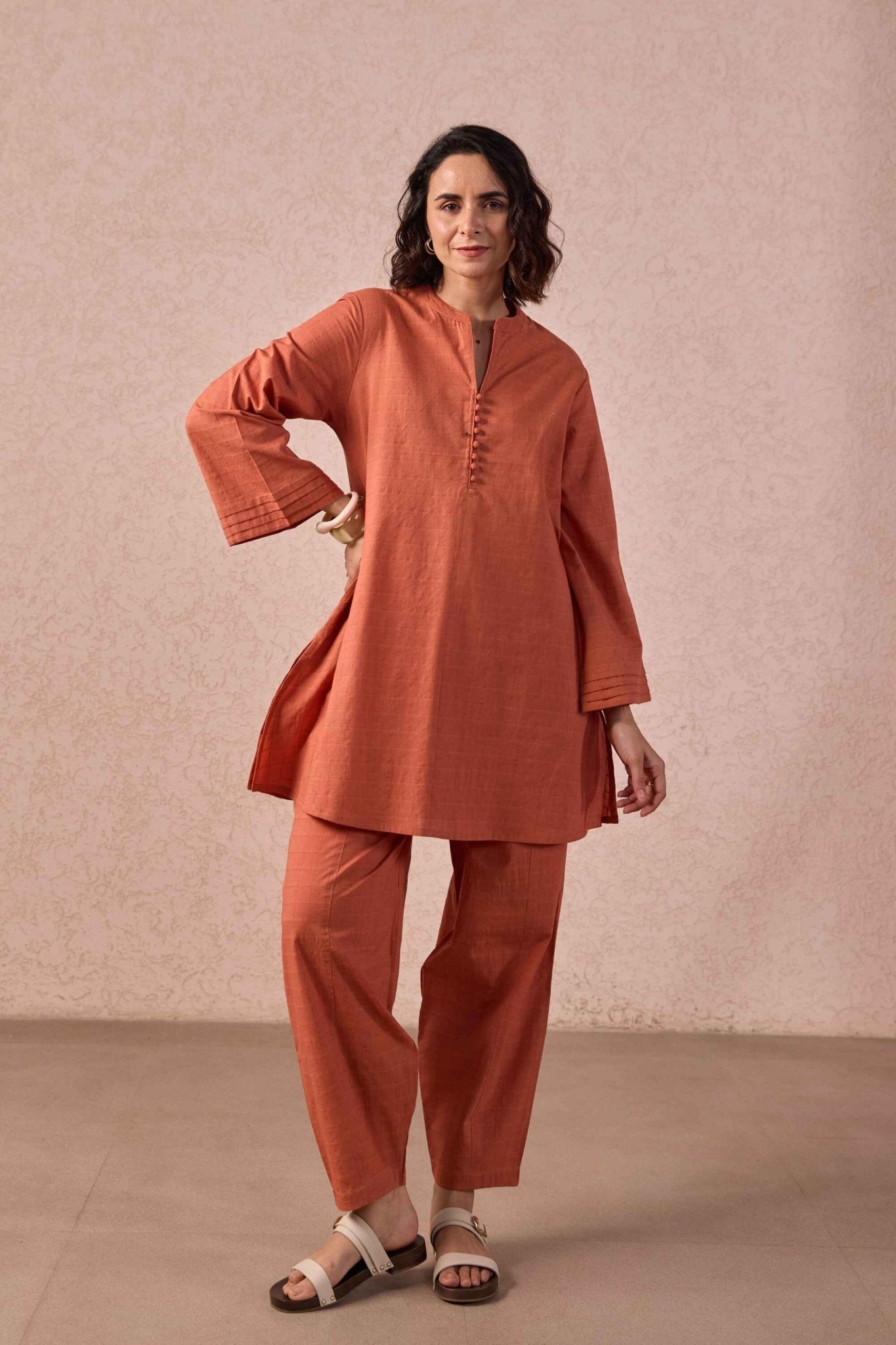 Rust Solid Checks Cotton Coord Set - Tara - C - Tara