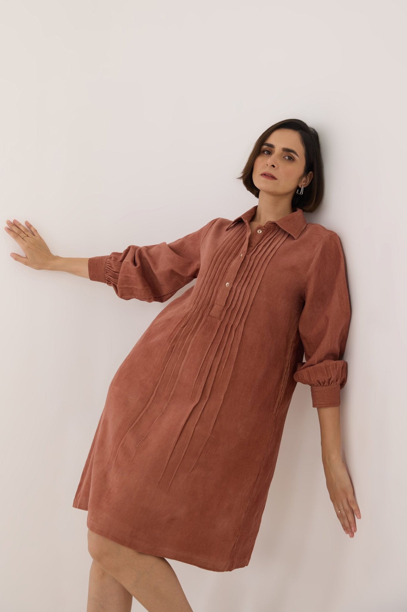 Rustic Brown Corduroy Shirt Dress - Tara - C - Tara