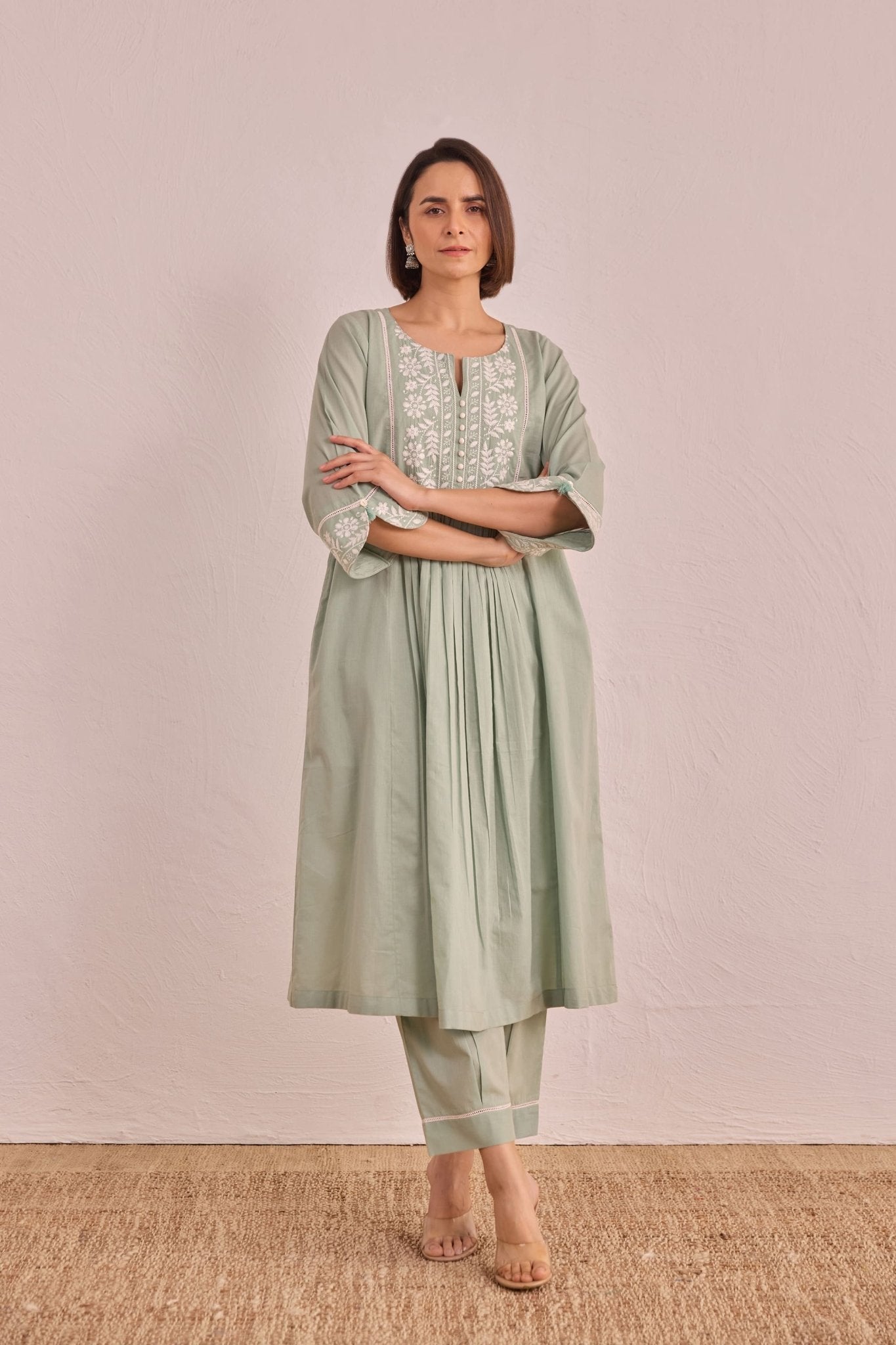 Sage Green Floral Embroidered Co - ord Set - Tara - C - Tara