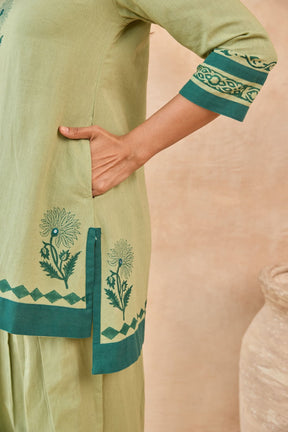 Sage Green Floral Hand Block Print Embroirdered Farsi Salwar Co-ord Set - Tara-C-Tara