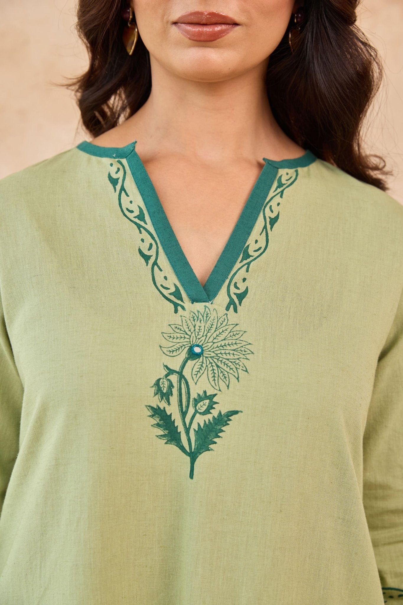 Sage Green Floral Hand Block Print Embroirdered Farsi Salwar Co-ord Set - Tara-C-Tara