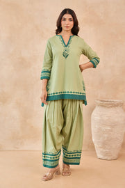 Sage Green Floral Hand Block Print Embroirdered Farsi Salwar Co-ord Set